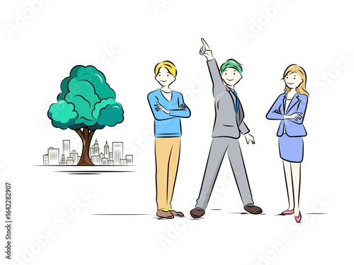 上を目指す上昇志向のビジネスパーソンと都会の街並み｜ビジネスイラストシリーズ