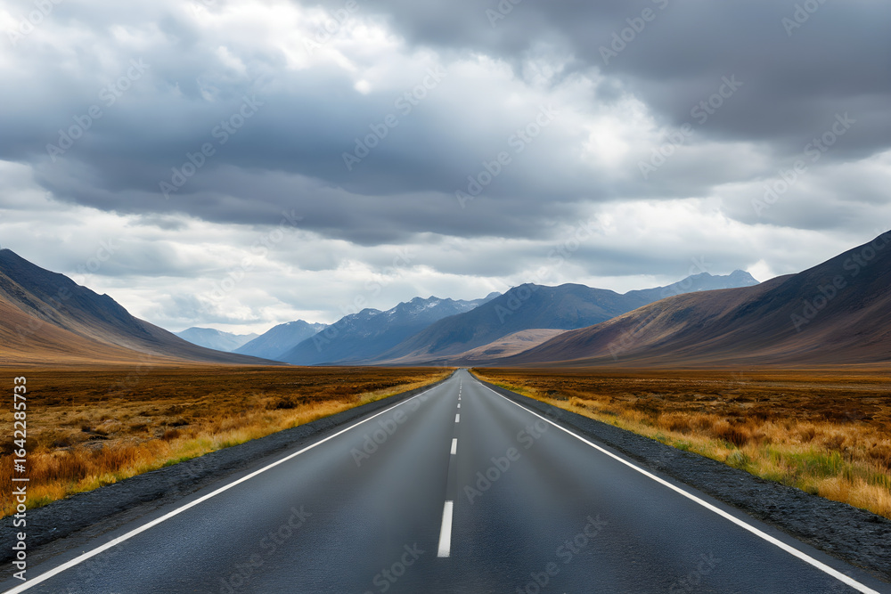 Naklejka premium Asphaltstraße durch weite Bergtäler unter dramatischem Himmel