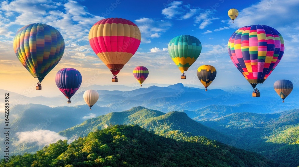 Fototapeta premium Colorful hot air balloons soar over lush mountains at sunrise