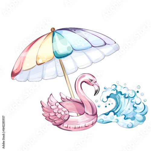Summer vibes abound with a colorful beach umbrella and a charming pink flamingo float by the waves inviting relaxation and joy for vacationers on a sunny day at the shore