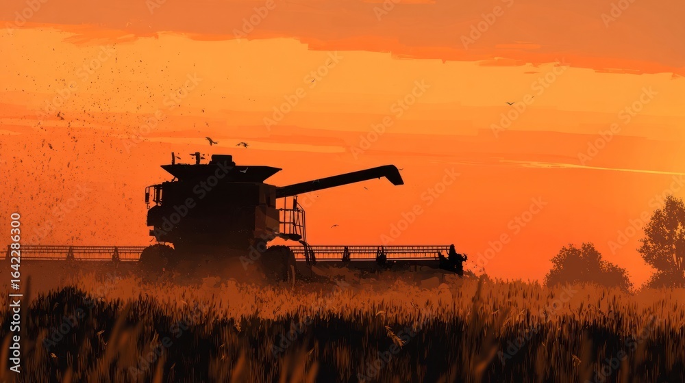 Fototapeta premium Combine harvester silhouette sunset field