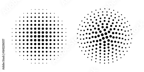 Set of dotted circles with halftone effect. Round shapes with polka dot print isolated on white background. Pop art design. Perforated textures. Vector graphic illustration.