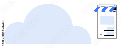 Mobile e-commerce storefront connected to a large cloud graphic, symbolizing cloud computing, scalability, and online shopping. Ideal for retail, technology, innovation, cloud storage, e-commerce