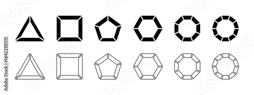Geometric frames divided into equal parts isolated on white background. Triangle, square and pentagon, hexagon, octagon and decagon shapes with separated borders. Vector graphic illustration.