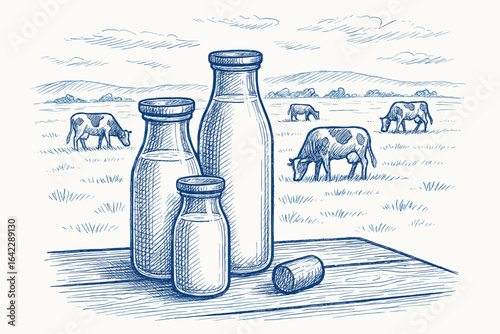 Blue sketch hand-drawn style glass bottles of milk on a wooden table in the foreground, with a field of grazing cows in the background, on white background

