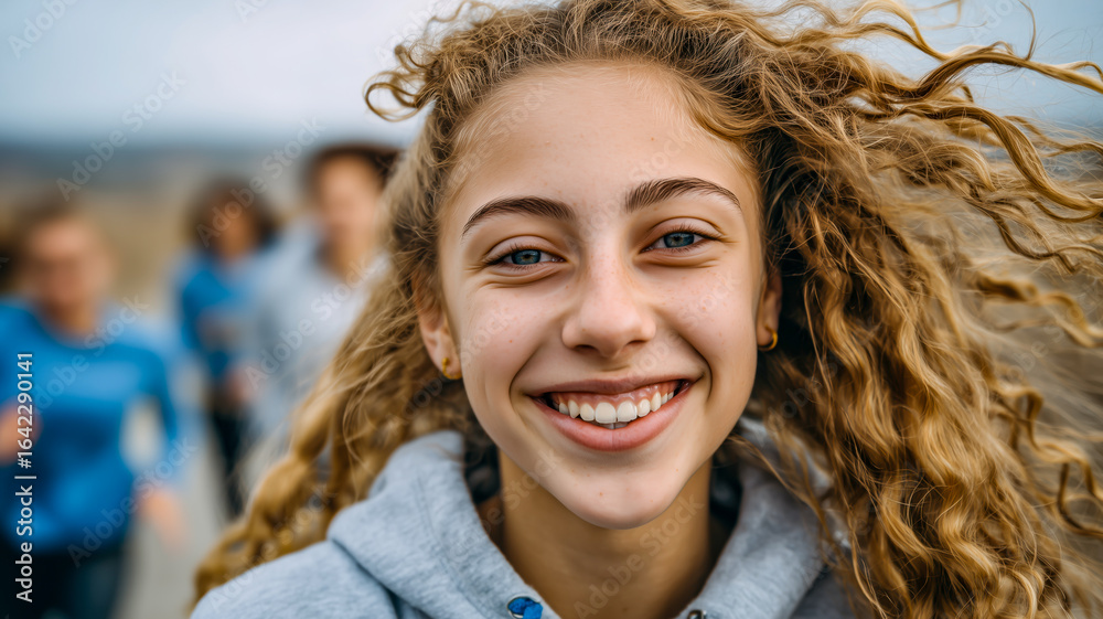 Fototapeta premium Close-up of a smiling young woman with curly hair, with blurred figures in the background, conveys youth, happiness, and outdoor activity.