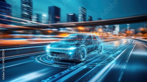 Futuristic car on a highway at night, with digital overlay