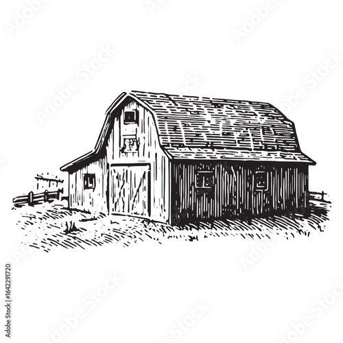 Vintage sketch of wooden barn with pitched roof in rustic monochrome style