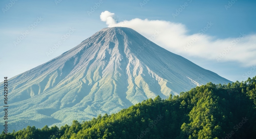 Fototapeta premium A beautiful view of a majestic stratovolcano with a plume of steam rising from its peak.