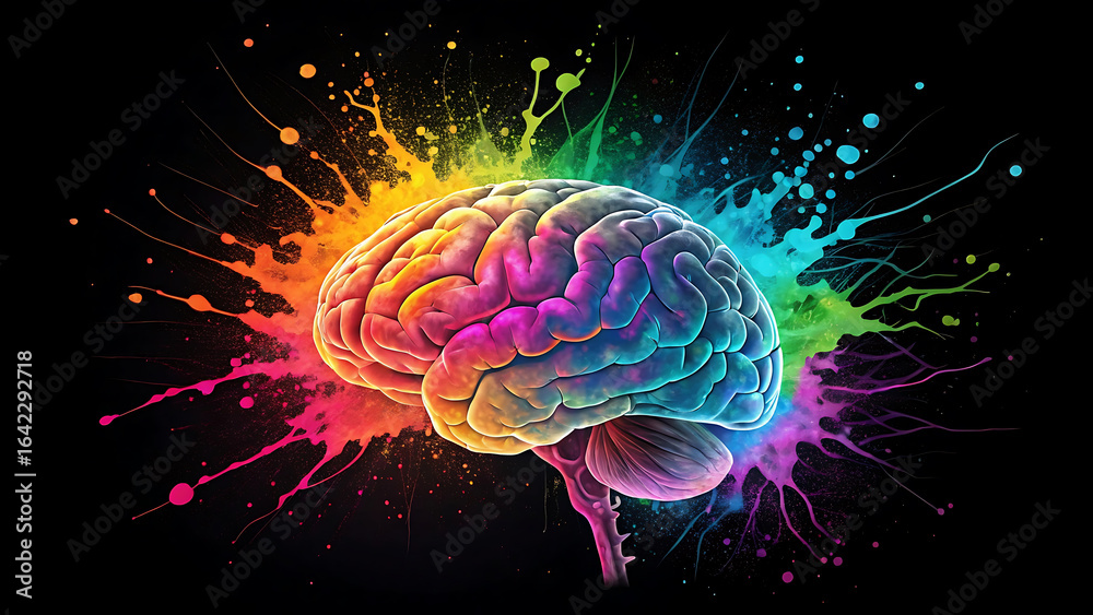 Fototapeta premium Vibrant Human Brain Exploding with Colorful Paint Splatters mind psychology
