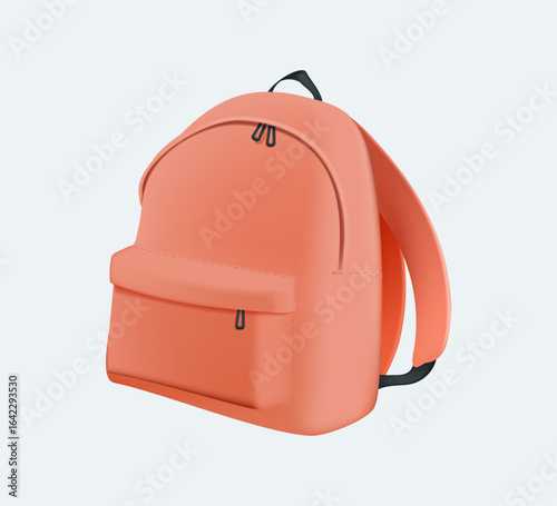 Red backpack 3D render vector illustration, isolated on white. Red school backpack isolated on white. Bag with pockets for books and supplies of student