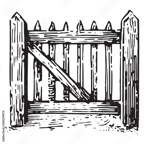 Hand-drawn sketch of rustic wooden fence with vertical planks and crossbars