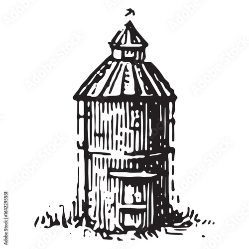 Vintage sketch of farm silo with conical roof in rustic monochrome style