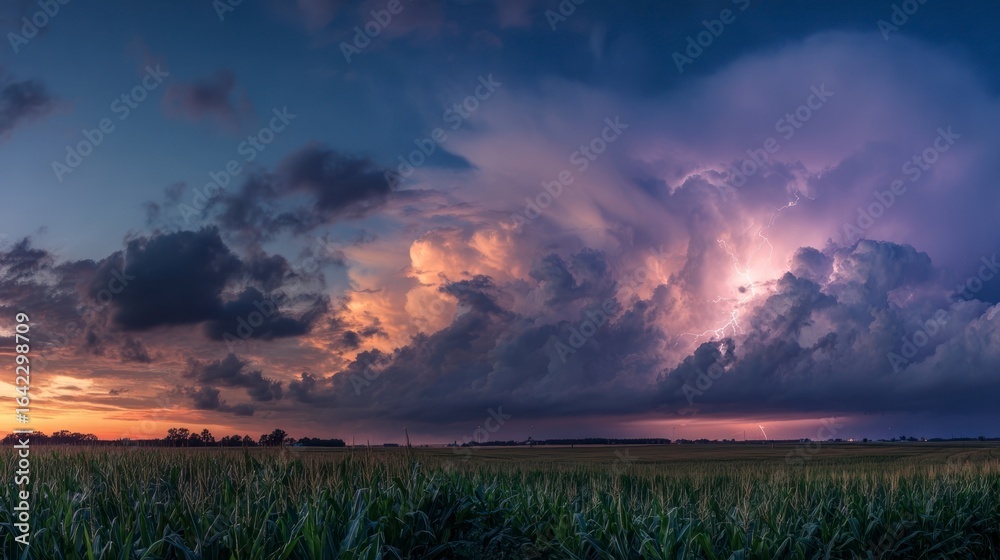 Obraz premium Dramatic sunset over grassy field with lightning