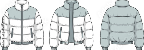 Cad drawing flat vector illustration, stylish colorblock puffer jacket, warm winter outerwear, casual insulated coat design, zipper closure, trendy fashion apparel, digital clothing sketch
