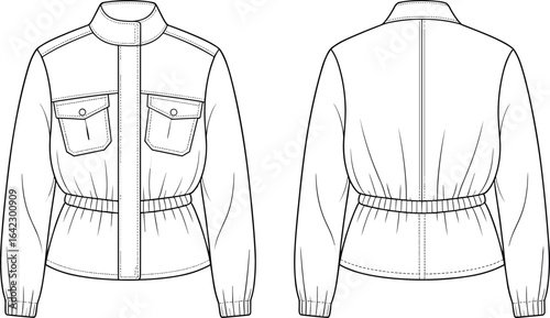 Cad drawing flat vector illustration, women’s jacket fashion design sketch, front and back views, elastic waist, flap pockets, stand collar, long sleeve outerwear