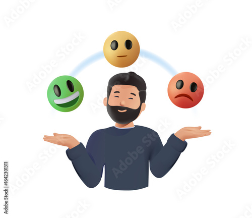 Emotional intelligence, balance emotion control feeling between work stressed or sadness and happy lifestyle concept, 3D render vector illustration. Mindful calm man using his hand to balance smile