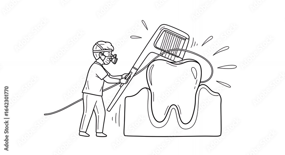 Obraz premium Black And White Line Art Depicting Dentist Cleaning Large Tooth with Oversized Brush Emphasizing Dental Care and Oral Health with Person in Protective Gear Against White Background