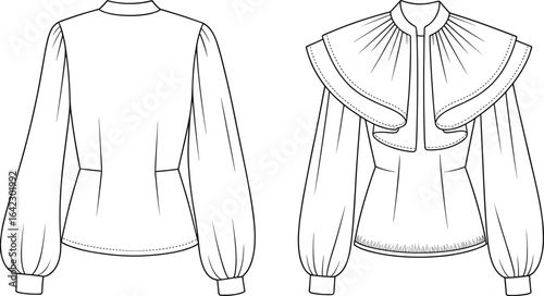 Elegant women blouse with double ruffle cape collar, long puff sleeves, fitted waist, fashion sketch, cad drawing flat vector illustration