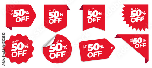 Set of Sticker, promo badge in many shapes. Special offer discount red tags with 50% percent off. Graphic resource templates for apply in your price reduction marketing design.	
