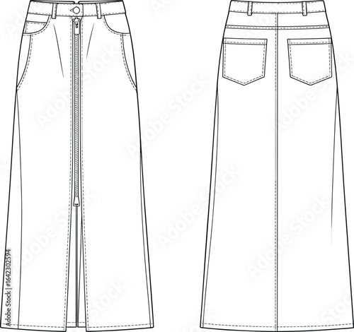 Long denim skirt fashion flat sketch, front zipper, belt loops, pockets, back patch pockets, casual women's wear, detailed cad drawing flat vector illustration