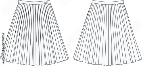 Pleated midi skirt technical sketch, front and back view, vector fashion flat drawing for womenswear design, minimalist clean outline illustration