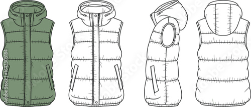Puffer vest with hood design front back side views, sleeveless jacket, zipper closure, casual outerwear, quilted padding, fashion flat sketch, cad drawing vector illustration