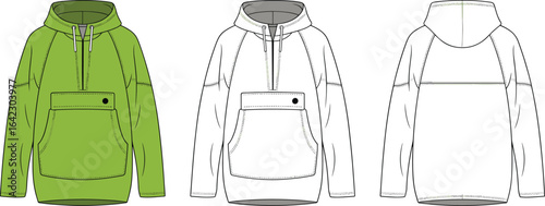 Trendy half zip hoodie with front pocket, technical flat sketch, raglan sleeve detail, drawstring hood, cad drawing flat vector illustration