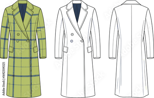 Women’s long double-breasted coat, plaid pattern design, tailored fit, front and back views, fashion CAD technical drawing, vector flat illustration