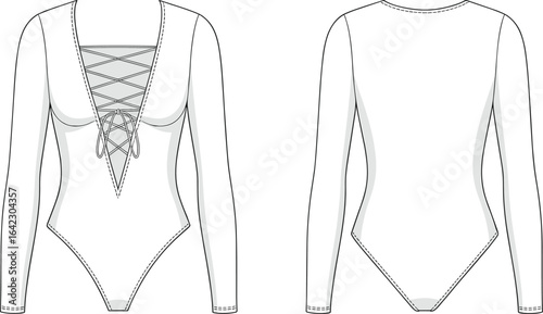 Women’s long sleeve bodysuit with lace-up front, deep V-neckline, technical fashion sketch, detailed CAD flat vector illustration