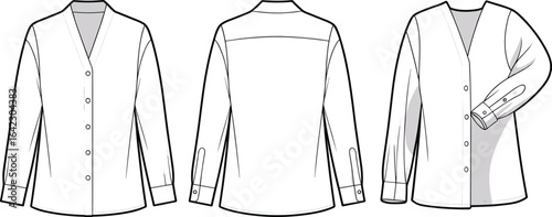 Women’s white button-up shirt, long sleeve blouse, casual office wear, classic collar, cuff details, elegant fashion style, cad drawing flat vector illustration