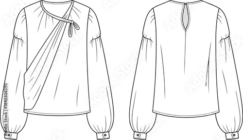 Women's asymmetric draped blouse fashion flat sketch, long sleeve, gathered cuff, tie detail, technical vector illustration, cad drawing flat vector illustration