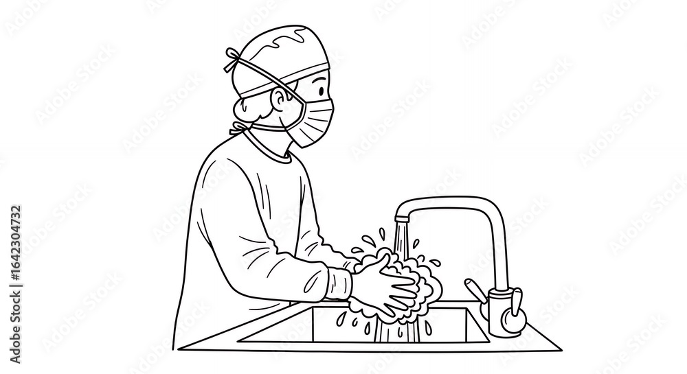 Fototapeta premium Healthcare Professional Washing Hands in Black and White Line Art Featuring Hygiene Practice Medical Procedure And Sanitation