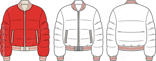 Cropped puffer jacket fashion sketch, CAD drawing flat vector illustration, garment design template, front and back technical outerwear view
