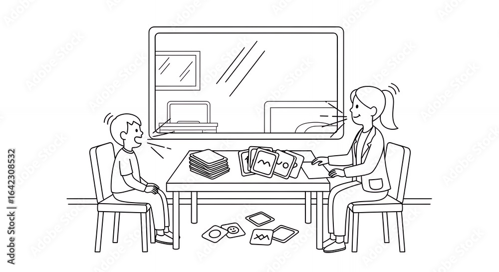 Fototapeta premium Monochrome Line Art of Two Figures at a Table in Conversation Detailed Linear Drawing on White Background Featuring Minimalist Geometric Shapes and Structures