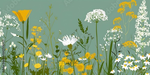 Fototapeta Naklejka Na Ścianę i Meble -  Colorful meadow and garden flowers with insects on a transparent background.