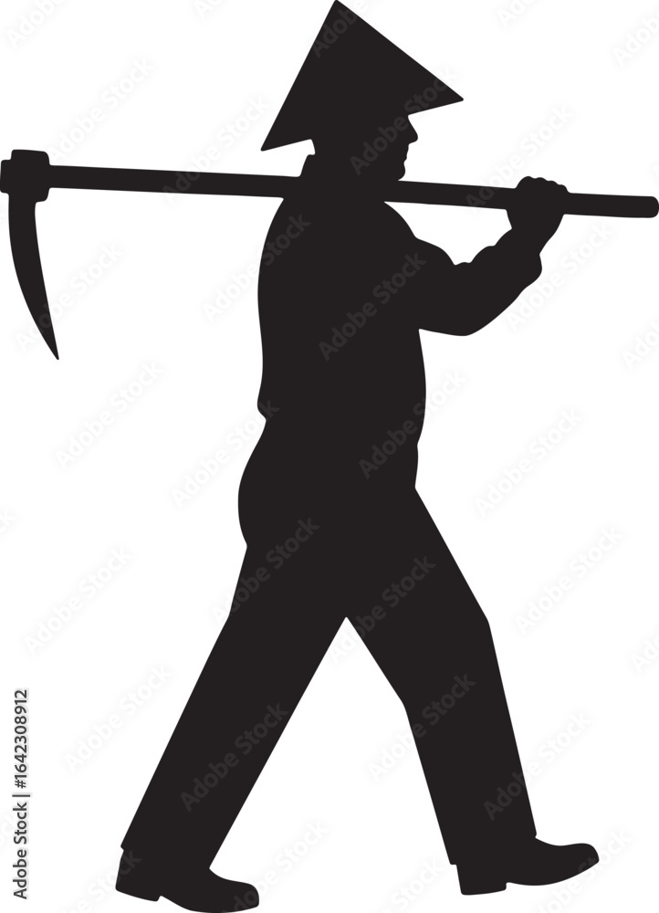Naklejka premium worker carrying pickaxe in black silhouette labor occupation design
