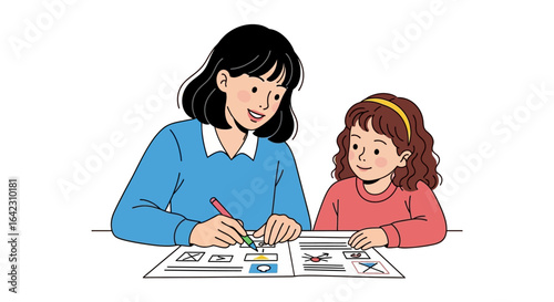 Homeschooling mother teaching child drawing lesson