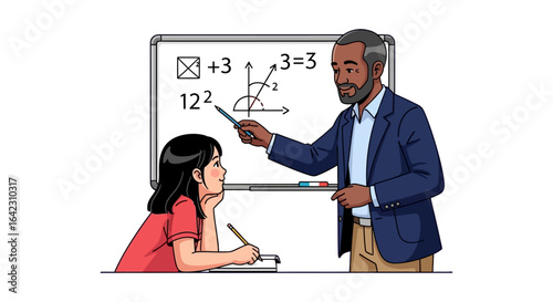 Math teacher explains geometry problem to student in classroom