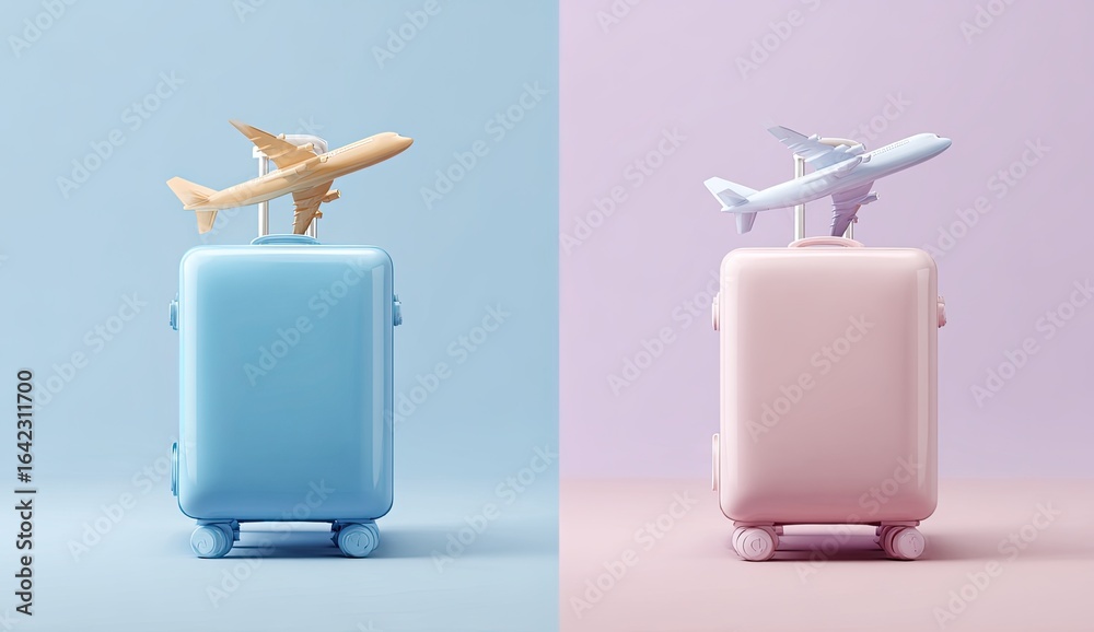 Obraz premium Two suitcases with toy airplanes