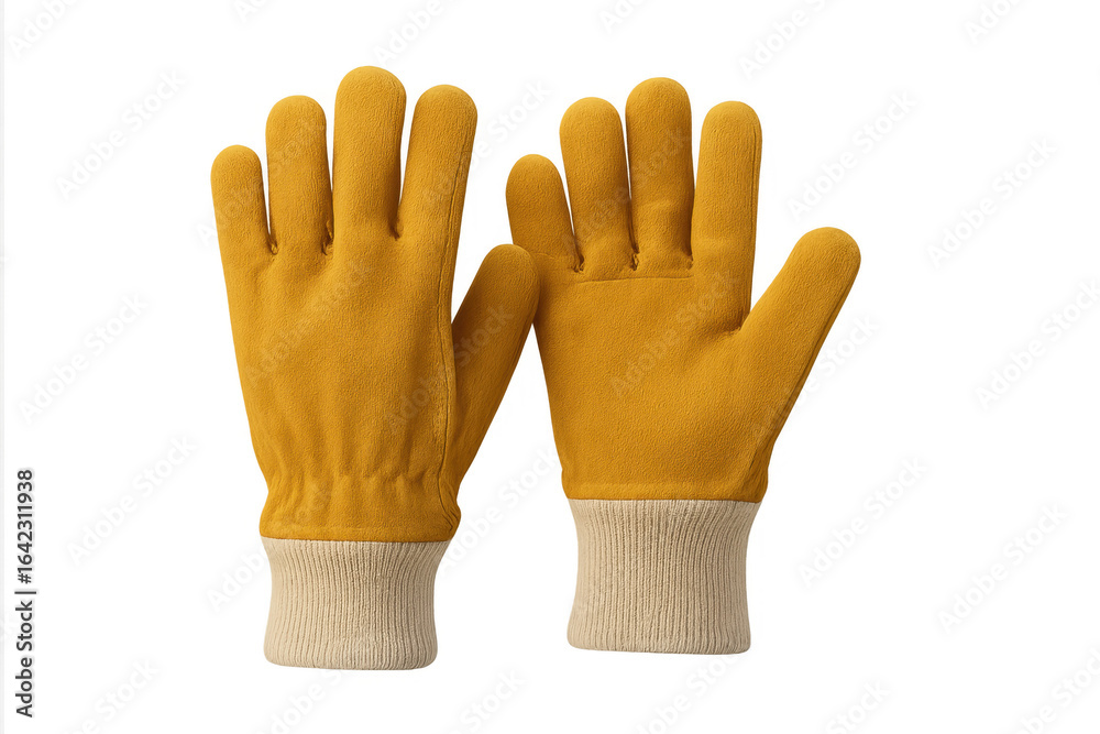 Obraz premium Pair of yellow work gloves with knitted cuffs isolated on transparent background