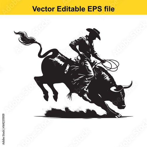 Cowboy Bull Riding Silhouette, Western Rodeo Vector Art
