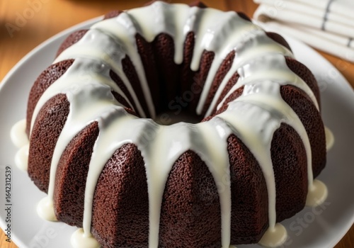 Decadent red velvet bundt cake drizzled with creamy white glaze