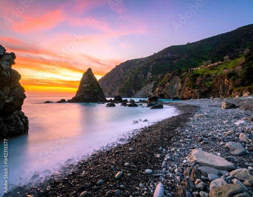 Coastal sunset, rocky beach