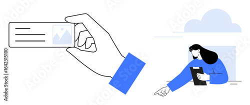Hand holding ID card with profile image and text. Woman with clipboard pointing forward, representing identity verification, data management, professional work. Ideal for security, onboarding