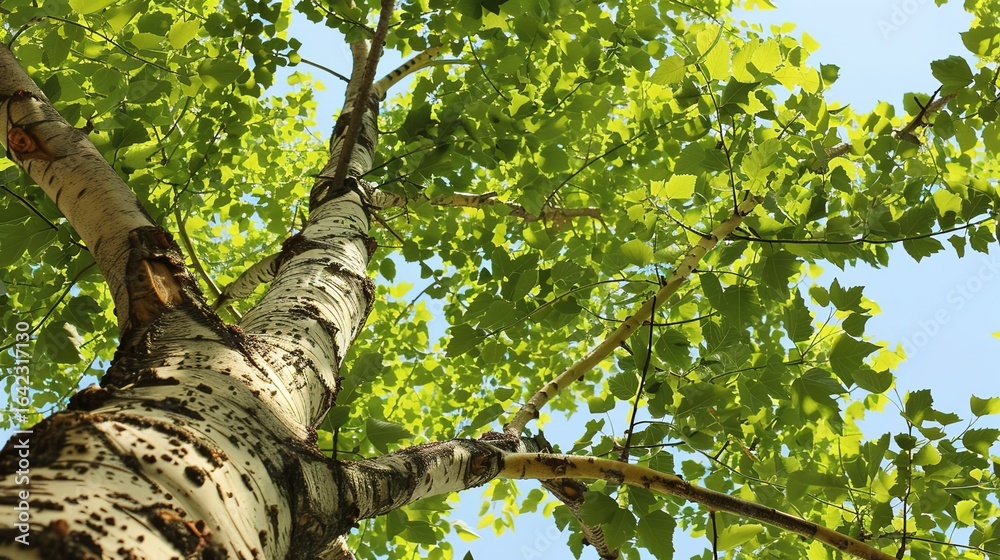 Fototapeta premium Towering Poplar Trees: Fast-Growing Species with Slender Trunks, Fluttering Leaves, and Iconic Silhouettes, Thriving in Forests, Riverbanks, and Urban Landscapes, Capturing Natural Elegance for Arbori