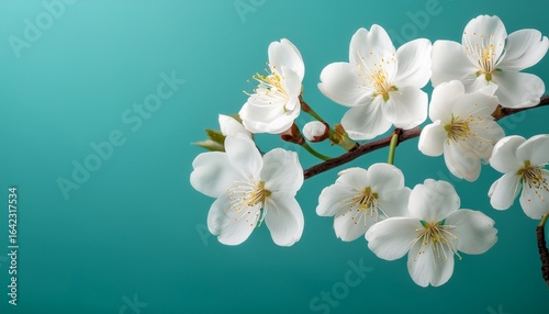 delicate white cherry blossom branch displayed against a serene turquoise background