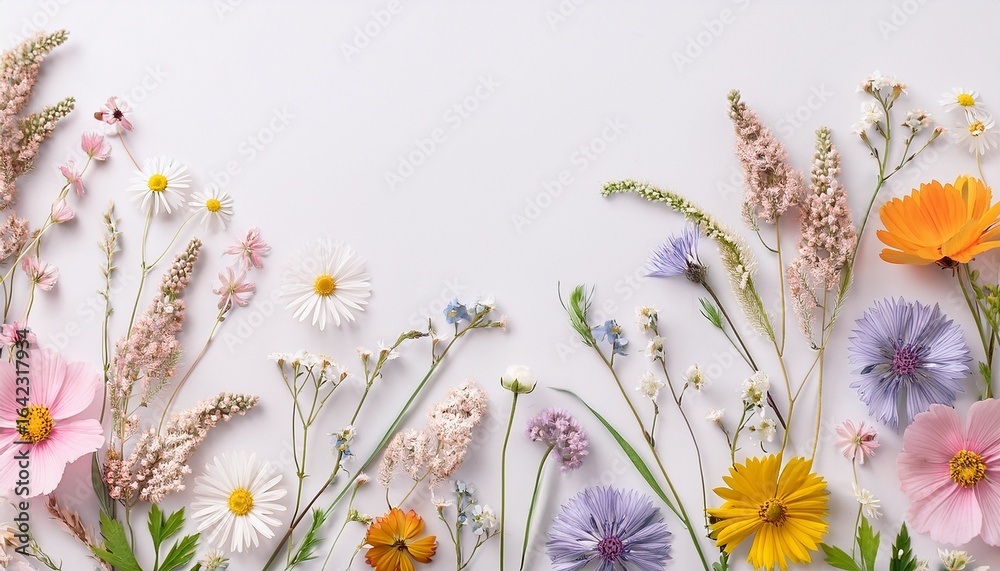 Fototapeta premium delicate pastel floral design with wildflowers on white background