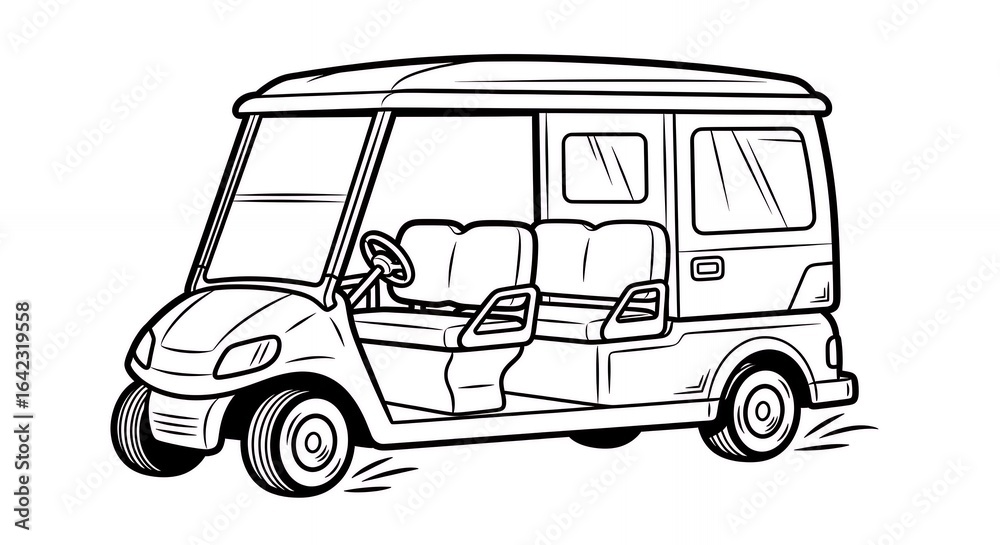Obraz premium Black and White Line Drawing of a Multi Seat Open Air Vehicle Design with Steering Wheel and Wheels Isolated on White Background for Transportation