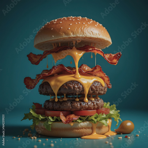 decadent, multi-layered burger with juicy patties, crispy bacon, fresh lettuce, and tomatoes, all smothered in gooey melted cheese
